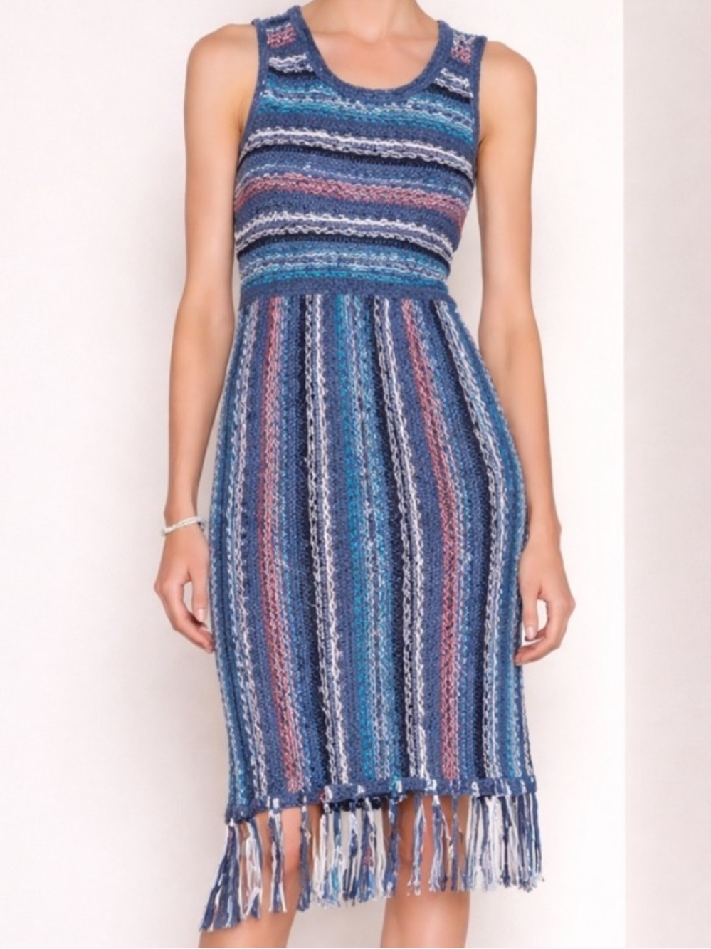 Derek Lam 10 Crosby Fringe Knit Midi Dress NWT Blue Stripe Large